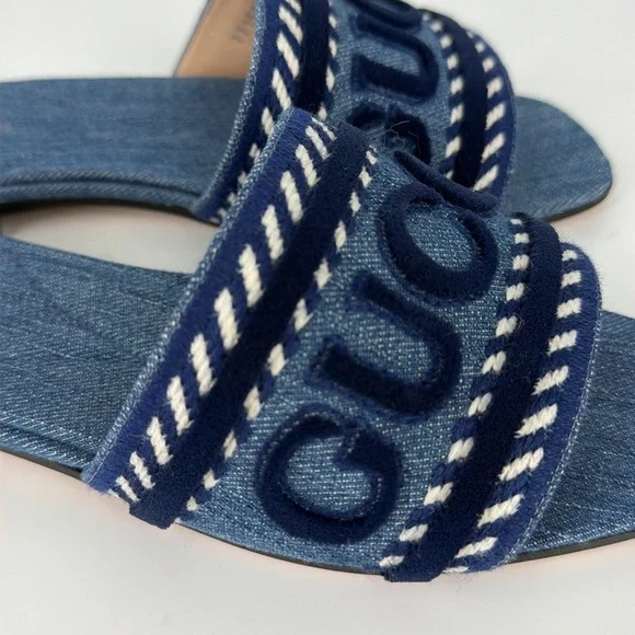 Gucci 36.5 Denim Jean Jane Logo Blue Stripe Slides Sandals E950 - Picture 4 of 14